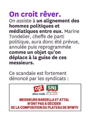 Juliette Binoche Instagram - Votre mobilisation exceptionnelle a fait reculer Jordan Bardella. Il a refusé de débattre face à @marinetondelier. A la place, @bfmtv crée un format sur mesure pour ces messieurs en ajoutant Gabriel Attal. Ce sera Bardella-Tondelier-Attal, une heure chacun-e, dans cet ordre. 
Ce qui s’est produit est honteux et montre à quel point le féminisme est un enjeu central du vote de dimanche. 
Créons une immense chaîne féministe en taggant 3 amies en commentaire pour faire barrage aux misogynes du RN dans les urnes. S’abstenir ne suffira pas. Il faut voter contre le RN, peu importe le ou la candidat·e en face.
A nos tags. A nous de jouer. A nous de gagner !