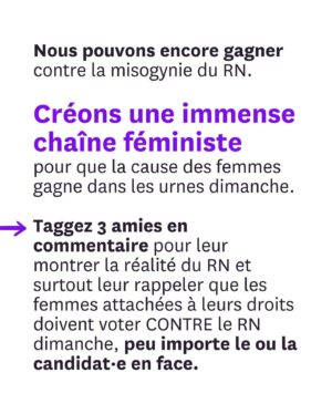 Juliette Binoche Instagram - Votre mobilisation exceptionnelle a fait reculer Jordan Bardella. Il a refusé de débattre face à @marinetondelier. A la place, @bfmtv crée un format sur mesure pour ces messieurs en ajoutant Gabriel Attal. Ce sera Bardella-Tondelier-Attal, une heure chacun-e, dans cet ordre. 
Ce qui s’est produit est honteux et montre à quel point le féminisme est un enjeu central du vote de dimanche. 
Créons une immense chaîne féministe en taggant 3 amies en commentaire pour faire barrage aux misogynes du RN dans les urnes. S’abstenir ne suffira pas. Il faut voter contre le RN, peu importe le ou la candidat·e en face.
A nos tags. A nous de jouer. A nous de gagner !