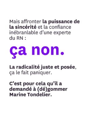 Juliette Binoche Instagram - Mobilisation générale : Jordan Bardella tente d’évincer la cheffe des écologistes @marinetondelier du débat qui doit l’opposer au Nouveau Front Populaire sur BFMTV. 
Lisez ce post et interpellez massivement @bfmtv pour que nous ayons bien une femme compétente face à l’extrême droite dans ce dernier débat avant le 2è tour des législatives. 
Aujourd’hui, 230 femmes signent dans Liberation une tribune coordonnée par @anais_leleux et Fiona Texeire (Fiona_tex) pour que cesse l’invisibilisation des femmes en politique (et ailleurs). 
Nous avons besoin de votre aide pour que BFMTV respecte les conditions initiales du débat.
Merci, à vos interpellations !