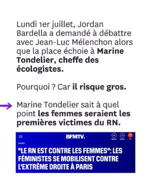 Juliette Binoche Instagram - Mobilisation générale : Jordan Bardella tente d’évincer la cheffe des écologistes @marinetondelier du débat qui doit l’opposer au Nouveau Front Populaire sur BFMTV. 
Lisez ce post et interpellez massivement @bfmtv pour que nous ayons bien une femme compétente face à l’extrême droite dans ce dernier débat avant le 2è tour des législatives. 
Aujourd’hui, 230 femmes signent dans Liberation une tribune coordonnée par @anais_leleux et Fiona Texeire (Fiona_tex) pour que cesse l’invisibilisation des femmes en politique (et ailleurs). 
Nous avons besoin de votre aide pour que BFMTV respecte les conditions initiales du débat.
Merci, à vos interpellations !