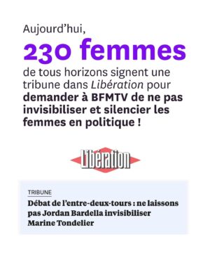 Juliette Binoche Instagram - Mobilisation générale : Jordan Bardella tente d’évincer la cheffe des écologistes @marinetondelier du débat qui doit l’opposer au Nouveau Front Populaire sur BFMTV. 
Lisez ce post et interpellez massivement @bfmtv pour que nous ayons bien une femme compétente face à l’extrême droite dans ce dernier débat avant le 2è tour des législatives. 
Aujourd’hui, 230 femmes signent dans Liberation une tribune coordonnée par @anais_leleux et Fiona Texeire (Fiona_tex) pour que cesse l’invisibilisation des femmes en politique (et ailleurs). 
Nous avons besoin de votre aide pour que BFMTV respecte les conditions initiales du débat.
Merci, à vos interpellations !