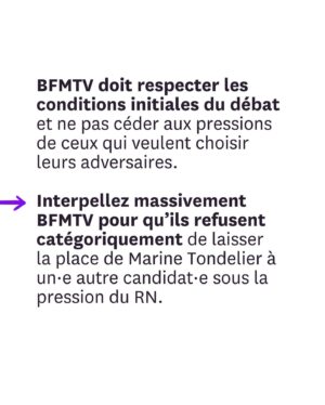 Juliette Binoche Instagram - Mobilisation générale : Jordan Bardella tente d’évincer la cheffe des écologistes @marinetondelier du débat qui doit l’opposer au Nouveau Front Populaire sur BFMTV. 
Lisez ce post et interpellez massivement @bfmtv pour que nous ayons bien une femme compétente face à l’extrême droite dans ce dernier débat avant le 2è tour des législatives. 
Aujourd’hui, 230 femmes signent dans Liberation une tribune coordonnée par @anais_leleux et Fiona Texeire (Fiona_tex) pour que cesse l’invisibilisation des femmes en politique (et ailleurs). 
Nous avons besoin de votre aide pour que BFMTV respecte les conditions initiales du débat.
Merci, à vos interpellations !