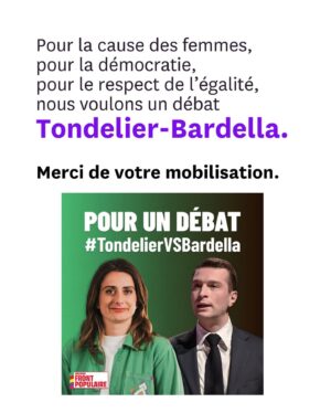 Juliette Binoche Instagram - Mobilisation générale : Jordan Bardella tente d’évincer la cheffe des écologistes @marinetondelier du débat qui doit l’opposer au Nouveau Front Populaire sur BFMTV. 
Lisez ce post et interpellez massivement @bfmtv pour que nous ayons bien une femme compétente face à l’extrême droite dans ce dernier débat avant le 2è tour des législatives. 
Aujourd’hui, 230 femmes signent dans Liberation une tribune coordonnée par @anais_leleux et Fiona Texeire (Fiona_tex) pour que cesse l’invisibilisation des femmes en politique (et ailleurs). 
Nous avons besoin de votre aide pour que BFMTV respecte les conditions initiales du débat.
Merci, à vos interpellations !