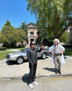Justin Willits Instagram - Great Scott!! 
There’s no video of it; but got to spend a few hours wandering around on a golf cart the other day and who should we come across but Doc Brown out there greeting glamour trams from @unistudios 

Tyler said we didn’t wanna take up too much of his time, and Doc and I pointed out he has all the time in the world he’s got a time machine 

We very rarely get invited to do anything cool like that so thanks to our friend F for driving us around!