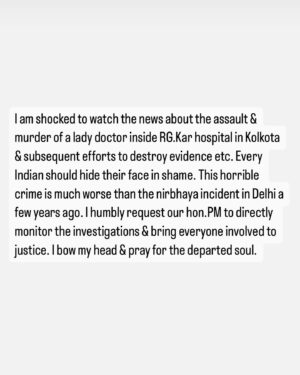 K. S. Chithra Instagram - I am shocked to watch the news about the assault & murder of a lady doctor inside RG.Kar hospital in Kolkota & subsequent efforts to destroy evidence etc. Every Indian should hide their face in shame. This horrible crime is much worse than the nirbhaya incident in Delhi a few years ago. I humbly request our hon.PM to directly monitor the investigations & bring everyone involved to justice. I bow my head & pray for the departed soul.