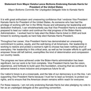 Keisha Lance Bottoms Instagram - I am looking forward to casting my delegate vote at the @DNC Convention in Chicago for our @VP and my friend, Kamala Harris. Please find my full statement below. #vote

It is with great enthusiasm and unwavering confidence that I endorse Vice President Kamala Harris for President of the United States. As someone who has had the privilege of working with her in the White House and witnessing her leadership and dedication firsthand, I can wholeheartedly say that Vice President Harris is exceptionally prepared to lead our nation and continue the vital progress of the Biden-Harris Administration.  I worked hard to help elect the Biden-Harris ticket in 2020 and look forward to working equally as hard help elect Kamala Harris President. 

Throughout her career, Vice President Harris has demonstrated an unwavering commitment to justice, equity, and the well-being of all Americans. Her leadership in working to restore and protect a woman’s right to choose has been nothing short of exemplary. Her leadership in this critical area, as well as her broader efforts to uplift and empower those still left behind, exemplifies the kind of determination and compassion our country needs.

The progress we have achieved under the Biden-Harris administration has been significant, but our work is far from complete. Vice President Harris has the vision, experience, and fortitude to build upon this foundation, ensuring that we continue to advance toward a more inclusive and prosperous future for all.

Our nation’s future is at a crossroads, and the fate of our democracy is on the line. I am supporting Vice President Harris because I trust her to lead us forward, to protect our rights, and to ensure that the American dream remains within reach for everyone.

For these reasons, I am not only endorsing Kamala Harris but also pledging my vote to her as an unpledged delegate at the upcoming convention.