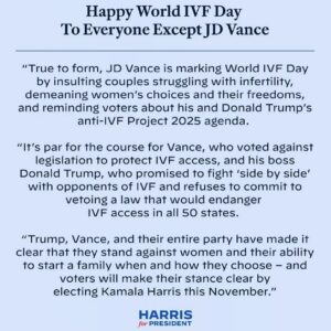 Kellee Stewart Instagram - HAPPY WORLD IVF DAY TO EVERYONE EXCEPT JD VANCE. #worldivfday #kamalaharris #reproductiverights #ivf #ivfjourney Repost from @ejordan12 My dear friend and the FIRST IVF BABY BORN IN THE US!!! 💙💙👏🏾👏🏾rp @kamalaharris team on Twitter
