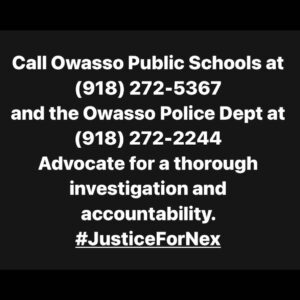 Kelly Mantle Instagram - This breaks my heart and in my home state of Oklahoma. @governorkevinstitt & @ryanwaltersforsuperintendent this is in part due to your ignorant legislation to regulate where trans & non-binary folks should pee. 
We have to continue to fight against these discriminatory idiots who use religion & politics to weaponize their bigotry.
@oklahomaoag The 3 students that beat Nex & the staff of owasso_highschool who did nothing to help Nex should already be held responsible for this hate crime. #justicefornex