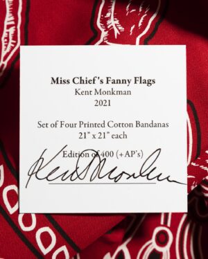 Kent Monkman Instagram - To celebrate National Indigenous History Month and Pride Month, the Studio is doing a giveaway!

Kent created Miss Chief’s Fanny Flags as a tribute to queer history and the practice of flagging. The editioned set includes four colourful bandanas printed with an intricate array of beavers, Miss Chief’s “praying hands,” and beadwork-inspired woodland patterns on cotton made on Turtle Island. Inspired by the creativity and resilience of Two-Spirit and queer communities, Miss Chief’s Fanny Flags make a flashy accent for any ensemble from top to bottom.

You and a friend could each win a set of Miss Chief’s Fanny Flags. To enter, please comment on this post and tag a friend. You both must be following this account. Winners will be chosen randomly and contacted through DM.

Giveaway ends Monday, June 10th.

Miss Chief’s Fanny Flags
2021
Set of four screenprinted cotton bandanas
Made in USA
20.8” x 20.8”
Edition of 400   APs