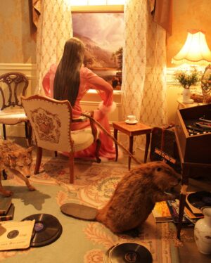 Kent Monkman Instagram - The Collapsing of Time and Space in an Ever Expanding Universe
Life sized figure sculpture, antique furniture, paint, wallpaper, wood, taxidermied animals, audio
Dimensions approx. 21’ x 14’ x 16’
2011