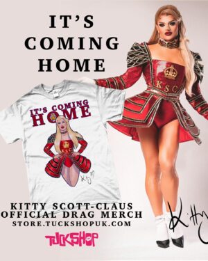 Kitty Scott-Claus Instagram - 🇬🇧 IT’S COMING HOME 🇬🇧 

Did someone say new GLOBAL ALL STARS merch?! Get your official Kitty merch only with @tuckshopuk SHIPPING WORLDWIDE BABY

Illustration by @tomtaylorillustrated 
Full shoot being released soon xoxo
Shot by @capturedbycorinne 
Edit by @herrthequeen 
Look by @costumesbywendy 
Hair by @wigchapel 
Shoes by @stevemaddenuk 
Legs- models own