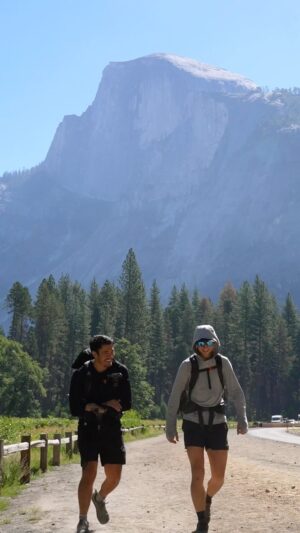 Kraig Adams Instagram - @henrygolding reached out to me on Instagram messages saying he’d be down to join on a hike so I invited him to summit Half Dome in Yosemite.

We stayed in the valley at camp 4 and prepared supplies for the overnight hike. Starting at Glacier Point, we had a great view of what was to come. With matching Hyperlite packs, we made our way up the Mist trail to a lunch spot and quick dip in the river before continuing up to the cables.

Henry is hilarious and always cracking jokes, especially when he finally saw what we’d be climbing up. We made sure to bring gloves to help with this section and because it was almost sunset, we had the entire place to ourselves. The view at the top overlooking the valley was amazing. We hiked back down to our campsite as night fell. Henry was excited to try out his Hancho Pancho.

The next morning we enjoyed some coffee as the light rose before hiking all the way back down to the valley below. Hiking is a great way to get to know someone and Henry made it a fun trip, thanks for coming along dude.