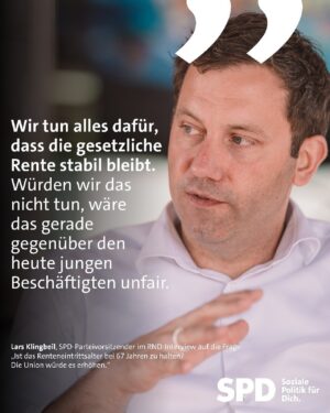 Lars Klingbeil Instagram - Mit der CDU arbeiten die Menschen mehr, länger und bekommen weniger Rente. Diesen Weg werden wir als SPD nicht mitmachen. Die gesetzliche Rente ist für den überwiegenden Teil der Menschen das Haupteinkommen im Alter. Deshalb sichern wir das Rentenniveau jetzt dauerhaft auf 48 Prozent ab. Denn alle, die unser Land am Laufen halten, sollen sich auf die Rente im Alter verlassen können.

Das komplette RND-Interview zu Rente, unserer fortführenden Ukraine-Unterstützung und notwendigen Impulsen für die Wirtschaft findet ihr in der Bio. 🔗
