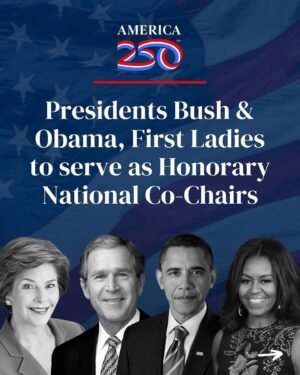Laura Bush Instagram - Repost @250america

We are excited to announce President @georgewbush and Mrs. @laurawbush, President @barackobama, and Mrs. @michelleobama will serve as America250 National Co-Chairs  supporting efforts to celebrate and commemorate this historic milestone.

As Presidents and First Ladies of the United States, their stories are foundational to the American story, and their participation in this initiative shows a continued dedication to service and commitment to their country. 

Swipe to read what they have to say about this partnership. Click the link in our bio to read more.

#america250 #americanpresident #semiquincentennial