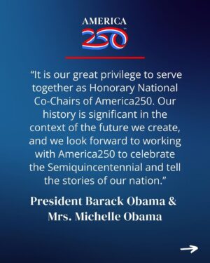 Laura Bush Instagram - Repost @250america

We are excited to announce President @georgewbush and Mrs. @laurawbush, President @barackobama, and Mrs. @michelleobama will serve as America250 National Co-Chairs  supporting efforts to celebrate and commemorate this historic milestone.

As Presidents and First Ladies of the United States, their stories are foundational to the American story, and their participation in this initiative shows a continued dedication to service and commitment to their country. 

Swipe to read what they have to say about this partnership. Click the link in our bio to read more.

#america250 #americanpresident #semiquincentennial