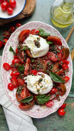 Laura Vitale Instagram - With temps as hot as they have been, ya gotta do what the Italians do and just make platters of sunkissed tomatoes and mozz, in this case we are doing a little dressing for the tomatoes and using burrata ( since I can’t get dreamy buffalo mozz when I’m home). Let me tell you, this, maybe a plate of good salami, soppressata or prosciutto, good crusty bread and a chilled glass of wine is truly perfect and can be lunch or dinner without much else. I rely on this so often throughout summer and make so many versions of it and always goes down so well. A must make! Buon appetito!