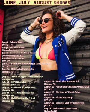 Lauren C. Mayhew Instagram - This summer has been 🔥🔥🔥
.
.
#SummerTour schedule for June, July, August 
.
.
June 1 - Private Event 
(Tampa, FL)
June 7 - @theboathouseme 
(Kennebunkport, ME)
June 8 - Cape Arundel Inn & Resort @capearundelinn 
(Kennebunkport, ME) 
June 20 - @shortstories 
(NY, NY)
June 23 - @summerclubnyc w/ @purple_disco_machine 
(NY, NY)
June 30 - @hotelalbatampa Summer Sol Pool Series
(Tampa, FL)

July 10 - “Feels So Right” Premiere Party at @walkons sponosored by @santospirit & @_vipexotics_ 
(Tampa, FL)
July 13 - INVY Nightclub @invymusic 
(Indianapolis, IN)
July 14 - @hardrocktampa w/ @steveaoki 
(Tampa, FL)
July 21 - @hotelalbatampa Summer Sol Pool Series
(Tampa, FL)
July 26 - @moetchandon Event at @hardrocktampa 
(Tampa, FL) 

August 11 - @hotelalbatampa Summer Sol Pool Series
(Tampa, FL)
August 15 - “Bad Name” Single Release Party at @dali.nyc  w/ @invidamusic (releasing thru @purpletearecords) 
(NY, NY)
August 16 - @marqueeny w/ @cheatcodes 
(NY, NY)
August 17 - Althea’s Rooftop @altheasrooftop 
(NY, NY)
August 18 - @summerclubnyc w/ @elderbrook 
(NY, NY)
Aug 24 - Fashion And Hope Event @fashion_and_hope 
(Orlando, FL)
.
.
📸 by @andredominique_