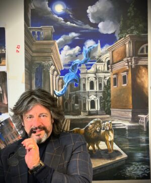 Laurence Llewelyn-Bowen Instagram - My latest painting……A pair of elderly lions having fun under the full moon in Venice, Gin may have been involved #venice #venicecanals @uniworldcruises @insidevenice