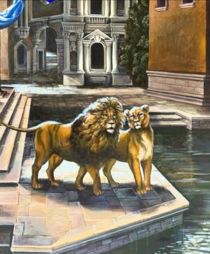 Laurence Llewelyn-Bowen Instagram - My latest painting……A pair of elderly lions having fun under the full moon in Venice, Gin may have been involved #venice #venicecanals @uniworldcruises @insidevenice