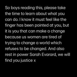 Lena Headey Instagram - Repost from @florakenney
•
One of the first pieces of advice I was given to survive as a young girl was to stay in a big group. As I got older, I was advised to ignore catcalling and to not retaliate. When I started to go out, I was advised to bring a coat; not because it was cold, but to not have any attention drawn to my ‘half naked’ body incase ‘men get the wrong impression’. Further advice I have received is to ‘call me when your there,’ pretend you’re on the phone, cover your drink, don’t drink too much just incase, never download a dating app they’re too dangerous, keys between your hands, be polite and never answer back, take the joke, remember to please him, ‘give us a smile,’ the list goes on. It has been intertwined into my mind from as young as I can remember (by society), that it is my responsibility to be safe. Yet we see tragic stories such as Sarah Everard, a women who took every precaution I and every other girl has been taught, yet her life was still taken. As a woman, I live in constant fear of when I will be next; it’s not a matter of if, it’s a matter of when. Which is scary as fuck, and I am so so tired of living in fear just because of my sex. So when boys turn around to say ‘not all men,’ it hurts. No, it is not all men, but it is all women and always men: 97% of women have been sexually assaulted, 87000 women and girls were killed in 2017, on average 83000 women are raped a year. And then boys feel the need to turn around and apply a victim status onto themselves when they could actually make a change. Every boy who is reading this, please take the time to ask your sister, girlfriend, mum or any girl in your life and they will have a story to tell on sexual assault. I was 9 years old when I was first sexually assaulted: a man came up to me and my dad and said to me ‘you better not wear those shorts again, you are making us men excited.’ I’m surprised my dad didn’t knock him out cold but he was so shocked, and I was in a place of such vulnerability that all I said was ‘thank you.’ My own mum woke up to someone groping her on a plane at 13. I know people who have been raped. Girls who have been forced to do things they aren’t comfortable wi