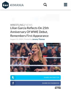 Lilián García Instagram - Thank you doesn’t even begin to cut it. 🙌🏼

Total appreciation to these outlets and reporters for their incredible coverage of my 25th anniversary of @wwe debut last Friday. Your kind words and respect means the world! 🌎❤️

🙏🏼
@pwinsider
@mikepwinsider
@sportsillustrated
@evantmack
@tvinsider
@smfishman1
@fightfulonline
@wrestlezonecom
@411mania 
@thatgirlcandace16
@bustedopenonsiriusxm
@davelagreca1
@tencountmedia 
@stevefallshow 
_denisesalcedo
Jim Varsallone

Thank you @the_meltz for coordinating all of this and encouraging me to even do this 15 day countdown. Your guidance was invaluable!

Thank you @_waylon.myers_ for all your help in gathering the yearly footage. And thank you to my amazing @chasingglory editor @thebasquiatpicasso - Ricky Griffith for your last minute help with this project. 😉

It’s take a village to be successful and I am so grateful to have so many incredible people be a part of my village. 🙏🏼🫶🏼

Know that you, the fans, my friends, and God have healed and re-ignited something inside of me again where I know that the best is yet to come!! 🤗🥰
.
.
#press #comeback