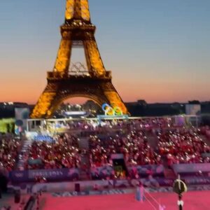 Lindsay Czarniak Instagram - Sunday Funday! Dueling Eiffel Towers. (Swipe left) One is real. One is real creative.  They both light up on the hour. One week in the books. Excited for another week of Olympic action. Swipe again to see what it looks like at the beach volleyball venue at night during the laser light show courtesy of @craigmelvinnbc I miss you!!! #olympics #sports #eiffeltower #family #love