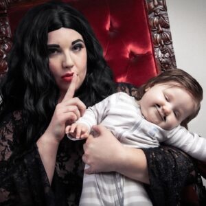 Lindsay Jones Instagram - "We went through all the usual baby names...then we came to our senses. Pubert." Thank you so much to @JonRisinger and @texasdelarosa for once again jumping on board with a fun mother/daughter Addams Family-inspired shoot and for making Pubert (Luna) Jones a reality! 🖤