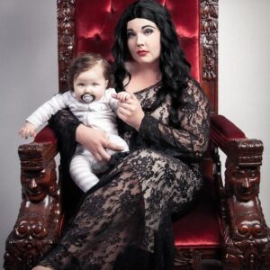 Lindsay Jones Instagram - "We went through all the usual baby names...then we came to our senses. Pubert." Thank you so much to @JonRisinger and @texasdelarosa for once again jumping on board with a fun mother/daughter Addams Family-inspired shoot and for making Pubert (Luna) Jones a reality! 🖤