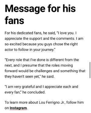Lou Ferrigno Jr. Instagram - Check out my latest interview with @louferrignojr we talk @911onabc @obx @oliverstarkk @ryanaguzman #powerjournalist Read it here: https://www.digitaljournal.com/entertainment/lou-ferrigno-jr-talks-about-the-abc-series-9-1-1-working-with-oliver-stark-and-ryan-guzman/article