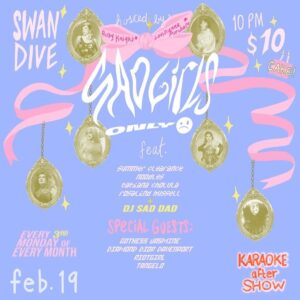 Louisianna Purchase Instagram - Sad Girls Only returns!! 🎀🎀🎀

Join @rvbyknight and I as we present the only drag show in Austin to celebrate the dreamier, softer side of drag 🎀🎀🎀

There will be beautiful drag, cake and Sad Girl karaoke for you to pour all your feelings out 🎀🎀🎀

@rosalindhussell @summerclearance.atx @nickisnoodles @gothess.jasmine @sheisriotgirl @diamonddioratx @mctangelo DJ Sad Dad @eatmorechique 🎀🎀🎀

10PM @swandiveaustin Monday, February 19th
Photos @seanmpeters 🎀🎀🎀