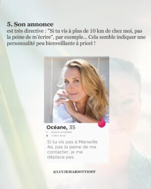 Lucie Mariotti Instagram - Comment repérer les red flags sur les applis de rencontre? ❓
Quelles informations rechercher sur les profils ? 🤔
Quels détails observer dans les photos? ❓
Comment détecter les légendes trompeuses, et comment décoder l’usage du langage ou les réactions disproportionnées ? 🤔

Si vous vous posez toutes ces questions, je vous ai préparé une liste de 6 principaux red flags. ⛳

Et n’oubliez pas, cette liste est généraliste. Suivez toujours votre intuition et votre instinct! ❤️

Dites-moi dans les commentaires quels sont les red flags que j’ai oubliés. ✍️

Avec cœur,
Lucie

#bienveillance #programme #devperso #amourdesoi #lovecoaching #rencontres
#évolution #épanouissement #epanouissementpersonnel #serenite #trouverlamour
#bienveillanceenverssoimeme #lahochi #reikifrance #soinsénergétiques