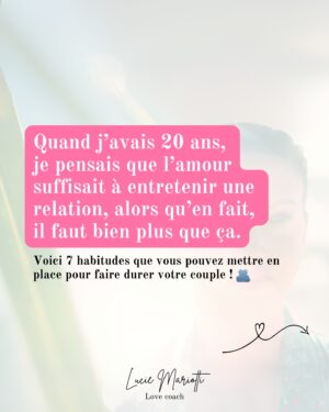 Lucie Mariotti Instagram - L’amour ne suffit pas. 💗

Quand j’avais 20 ans, je croyais aux contes de fées et au fait que l’amour suffisait à entretenir une relation durable et saine. 🧚

Aujourd'hui, je sais que, comme dans beaucoup de domaines, une relation demande de la discipline, des efforts, de l’investissement…💪

C’est l'alliance de l'amour, et du soin que l’on apporte à cette relation, qui fait de cet amour, un écrin. 💎

Je suis très attentive à ce qui se passe dans mon couple : j'observe, j’écoute, je ressens. 👂

Mon objectif est d’être en conscience de ses besoins. 🙏

Je ne parviens pas toujours à “faire ce qu’il faut”, mais j’en ai l’intention et j’apprends. 🤗

C’est une base essentielle à mon cœur. 💓

Si le cœur vous en dit, partagez ce post avec votre moitié pour mettre ces belles habitudes en place. 💑

Avec foi de l’amour, 
Lucie

#lovecoach #coachdevie #devperso #relations #amour #rencontres #holistique #authentique #soinsenergetiques #lovecoaching #rencontres #holistique #authentique #soinsenergetiques #lovecoaching #soinsénergétiques #podcastfrance #devpersonnel #dependanceaffective #relationtoxique #habitudes #couple