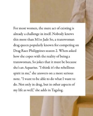 M1ss Jade So Instagram - We made it to @voguephilippines 🏳️‍⚧️

So honored and grateful to represent the transcommunity for Vogue Philippines’ #RaisingHope Campaign for the Women’s Month Celebration last March. For March being the same month as the celebration of International Transgender Day of Visibility, I will continue to empower and raise our flag in all aspects. 🏳️‍⚧️ Thank you for having me Vogue Philippines.

Raising Hope: Artists and Designers Driving Change through Creative Brilliance https://vogue.ph/lifestyle/raising-hope-artists-and-designers-driving-change-through-creative-brilliance/

By the Vogue team
Photo by Kim Santos (@kim.angela._)
Styled by MJ Benitez (@mjbenitez)
Checked Blazer from Deliver Deliver Daily (@d.d.daily) 
Earrings from Suki Jewelry (@sukijewelry.ph)
Pants from Job Dacon (@jobdacon)
Hair by Gabriel Villegas (@grandpagabo)
Makeup by M1ss Jade So (@m1ssjadeso)
Nails by Kate Tagaña (@klaws_mnl)
Assisted by Janey Culla (@janey.be.with.you) & Fernando Condez (@ferdiehoe)
Special thanks to Kris Nuevo (@thekrisnuevo)
Nominated by James Carl Calizo (@jxmescarl)