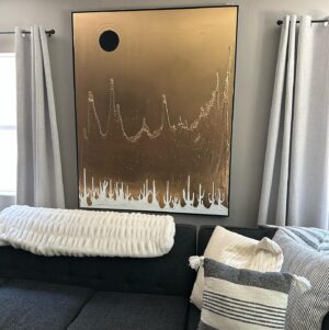 Marco Dapper Instagram - Fools Gold. This piece is a fun one with all different types of lighting. (I prefer it in natural lighting) First painting I have done involving light. The ⚫️ represents the sun and the moon. By day the sun, but in darkness with a beam of light directed at the ⚫️ it becomes a lunar eclipse. The black paint doesn’t reflect the light so the illusion of light feels like it’s coming from behind the ⚫️ 60”x48” oil, acrylic, and acrylic spray on canvas. Hit me up if you’re at all interested. Cheers. #lunareclipse #blackholesun