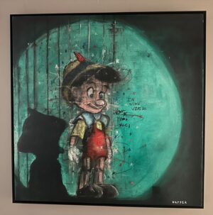 Marco Dapper Instagram - What a fun commission. Always love painting a classic Disney character. Figured I’d make him mischievous with that 🍷 In Vino Veritas. 38”x38” oils on canvas.  #pinocchio #invinoveritas