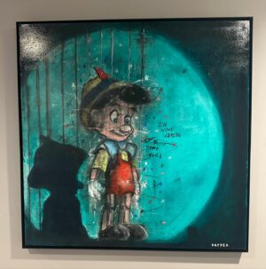Marco Dapper Instagram - What a fun commission. Always love painting a classic Disney character. Figured I’d make him mischievous with that 🍷 In Vino Veritas. 38”x38” oils on canvas.  #pinocchio #invinoveritas