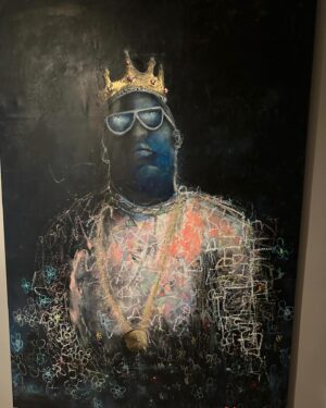 Marco Dapper Instagram - Notorious. Best rapper ever? Finally finished this Biggie piece 😎. 76”x52” oil, oil pastels, acrylic, gold leaf and charcoal on canvas. Available. #notoriousbig #biggiebiggiebiggie #biggiesmallsart