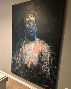 Marco Dapper Instagram - Notorious. Best rapper ever? Finally finished this Biggie piece 😎. 76”x52” oil, oil pastels, acrylic, gold leaf and charcoal on canvas. Available. #notoriousbig #biggiebiggiebiggie #biggiesmallsart