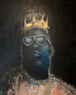 Marco Dapper Instagram - Notorious. Best rapper ever? Finally finished this Biggie piece 😎. 76”x52” oil, oil pastels, acrylic, gold leaf and charcoal on canvas. Available. #notoriousbig #biggiebiggiebiggie #biggiesmallsart
