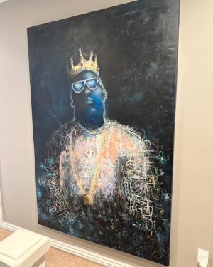 Marco Dapper Instagram - Notorious. Best rapper ever? Finally finished this Biggie piece 😎. 76”x52” oil, oil pastels, acrylic, gold leaf and charcoal on canvas. Available. #notoriousbig #biggiebiggiebiggie #biggiesmallsart