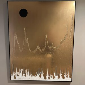 Marco Dapper Instagram - Fools Gold. This piece is a fun one with all different types of lighting. (I prefer it in natural lighting) First painting I have done involving light. The ⚫️ represents the sun and the moon. By day the sun, but in darkness with a beam of light directed at the ⚫️ it becomes a lunar eclipse. The black paint doesn’t reflect the light so the illusion of light feels like it’s coming from behind the ⚫️ 60”x48” oil, acrylic, and acrylic spray on canvas. Hit me up if you’re at all interested. Cheers. #lunareclipse #blackholesun
