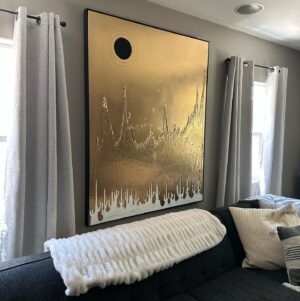 Marco Dapper Instagram - Fools Gold. This piece is a fun one with all different types of lighting. (I prefer it in natural lighting) First painting I have done involving light. The ⚫️ represents the sun and the moon. By day the sun, but in darkness with a beam of light directed at the ⚫️ it becomes a lunar eclipse. The black paint doesn’t reflect the light so the illusion of light feels like it’s coming from behind the ⚫️ 60”x48” oil, acrylic, and acrylic spray on canvas. Hit me up if you’re at all interested. Cheers. #lunareclipse #blackholesun