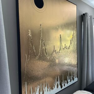 Marco Dapper Instagram - Fools Gold. This piece is a fun one with all different types of lighting. (I prefer it in natural lighting) First painting I have done involving light. The ⚫️ represents the sun and the moon. By day the sun, but in darkness with a beam of light directed at the ⚫️ it becomes a lunar eclipse. The black paint doesn’t reflect the light so the illusion of light feels like it’s coming from behind the ⚫️ 60”x48” oil, acrylic, and acrylic spray on canvas. Hit me up if you’re at all interested. Cheers. #lunareclipse #blackholesun