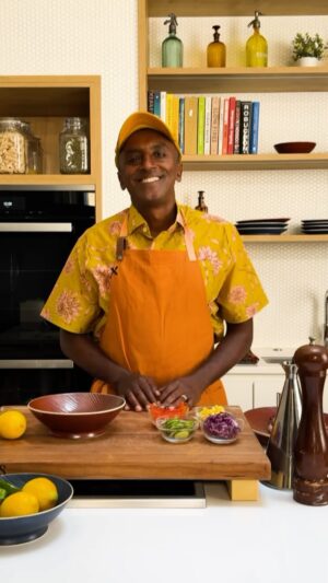Marcus Samuelsson Instagram - We’re back in the kitchen with @marcuscooks! This time he’s serving up some restaurant-worthy BBQ Prawns with Sweet Corn Succotash and a Summer Slaw. Get the full recipe below👇 then head to westelm.com to explore the Marcus Samuelsson   West Elm collection!

——

BBQ Prawns with Sweet Corn Succotash, Summer Slaw

By Marcus Samuelsson for West Elm

Serves 3-4

⚫️ Grilled Prawns:

• 5 Head-On Prawns, peeled and deveined, tail and head-on
• Olive Oil, to taste
• Salt, to taste
• 2 Tbsp. BBQ Sauce
• 1 Garlic Clove, sliced
• 1 Lemon, cut into wedges
 
Method: Evenly coat the prawns with olive oil and salt. Add the BBQ sauce and garlic and toss to combine.
On a preheated grill or grill pan set to medium heat, grill the prawns until cooked through and opaque, about 3 minutes per side, and the lemon wedges until caramelized, about 6 minutes. Remove from the grill and set aside.

⚫️ Sweet Corn Succotash:

• 2 Cups Grilled Corn Kernels
• ⅓ Cup Roasted Summer Squash, small dice
• ⅓ Cup Heirloom Tomatoes, small dice
• 2 Garlic Cloves, minced 
• ⅓ Cup Mixed Herbs (like Basil, Cilantro, and Mint)
• The Juice and Zest of One Lemon
• 1 Tbsp. Olive Oil
• Salt and Pepper, to taste

Method: In a large, nonstick pan over medium heat, combine corn, squash, tomatoes, garlic, herbs, lemon juice, lemon zest, and olive oil. Sauté all ingredients until warmed through, about 5 minutes. Season with salt and pepper, to taste, then set aside.

⚫️ Summer Slaw:

• 2 tsp. Mayonnaise
• 1 tsp. Clover Honey
• 1 tsp. Dijon Mustard
• ⅓ Cup Mixed Herbs (like Basil, Cilantro, and Mint)
• The Juice and Zest of One Lemon
• ⅓ Cup Red Cabbage, shaved
• ⅓ Cup Cucumber, shaved
• ⅓ Cup Pineapple, small dice
• ⅓ Cup Red Bell Pepper, shaved
• Salt and Pepper, to taste

Method:

In a medium bowl, combine the mayonnaise, honey, mustard, herbs, lemon juice, and lemon zest, then stir to combine.
Add the cabbage, cucumber, pineapple, and bell pepper. Season with salt and pepper, to taste, and set aside.

Plating:

On a serving plate, spread one tablespoon of BBQ sauce. Next, place the Corn Succotash, followed by the Grilled BBQ prawns, then the Summer Slaw. Garnish with fresh herbs and grilled lemon.