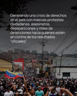 María Gabriela de Faría Instagram - Venezuela en crisis electoral: La falta de transparencia en los resultados del #CNE han generado una crisis política y social en #Venezuela.

Vulnerándose el derecho a elegir, el derecho a la protesta, a la vida, y otros derechos humanos: protestas masivas, asesinatos, desapariciones y miles de detenciones de quienes se oponen a los resultados “oficiales” del CNE que dieron como ganador a Maduro, a pesar de las actas del mismo CNE suministras a testigos opositores que dieron ganador con 37 puntos de diferencia a Edmundo González.

¿Quienes son los responsables de esta crisis?

El CNE, ha incumplido con los pasos post-electorales y la publicación obligatoria de las actas en 48H. 🔴
El Tribunal Supremo de Justicia (TSJ), se ha involucrado en el proceso postelectoral, aunque no debería. Este órgano está alineado con el gobierno de Nicolás Maduro 🔴
 
Se necesita apoyo internacional urgente 🆘

Venezuela enfrenta una situación crítica donde la voluntad popular ha sido violentada. Sin embargo, la ciudadanía está decidida a defender su derecho a elegir, más de 500 protestas exigiendo el respeto a los resultados del 28 de julio son una prueba de ello.

Pedimos a la comunidad internacional que exija la verificación de las actas y una veeduría internacional. Es vital que todas las personas se informen a través de fuentes independientes y verificables.

Hoy, Venezuela nos necesita. ✊
#DerechosHumanos #Justicia #Protestas