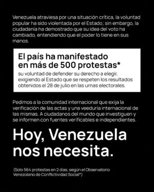 María Gabriela de Faría Instagram - Venezuela en crisis electoral: La falta de transparencia en los resultados del #CNE han generado una crisis política y social en #Venezuela.

Vulnerándose el derecho a elegir, el derecho a la protesta, a la vida, y otros derechos humanos: protestas masivas, asesinatos, desapariciones y miles de detenciones de quienes se oponen a los resultados “oficiales” del CNE que dieron como ganador a Maduro, a pesar de las actas del mismo CNE suministras a testigos opositores que dieron ganador con 37 puntos de diferencia a Edmundo González.

¿Quienes son los responsables de esta crisis?

El CNE, ha incumplido con los pasos post-electorales y la publicación obligatoria de las actas en 48H. 🔴
El Tribunal Supremo de Justicia (TSJ), se ha involucrado en el proceso postelectoral, aunque no debería. Este órgano está alineado con el gobierno de Nicolás Maduro 🔴
 
Se necesita apoyo internacional urgente 🆘

Venezuela enfrenta una situación crítica donde la voluntad popular ha sido violentada. Sin embargo, la ciudadanía está decidida a defender su derecho a elegir, más de 500 protestas exigiendo el respeto a los resultados del 28 de julio son una prueba de ello.

Pedimos a la comunidad internacional que exija la verificación de las actas y una veeduría internacional. Es vital que todas las personas se informen a través de fuentes independientes y verificables.

Hoy, Venezuela nos necesita. ✊
#DerechosHumanos #Justicia #Protestas