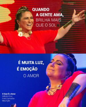 Maria Rita Instagram - Manda pra aquele arroba que brilha mais que o Sol… #EMR

#PraTodosVerem Arte digital com duas fotos de Maria Rita vestida de vermelho e com o cabelo trançado. Acima ela sorri de braços abertos e há o texto É muita luz, é emoção o amor. Abaixo ela está de olhos fechados, o braço direito dobrado e o ombro levantado e há o texto É muita luz, é emoção o amor.