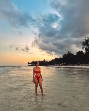Maria Sten Instagram - spent a week in the bush working on my farmer’s tan so went to the beach to even things out… 

white sand, palm trees, rainbow fish, a few eels, lots and lots of sea urchins, reef snorkeling and lobster dinners.

Kenya beach vacation - 10/10 recommend. 🇰🇪