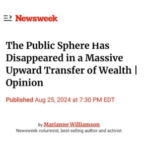Marianne Williamson Instagram - I’ve been a grassroots activist for over 35 years. l founded non-profits and funded them, served on their boards, and worked on projects including AIDS activism, racial reconciliation groups, anti-hunger and anti-poverty, established a campaign for a U.S. Dept. of Peace, produced The Sister Giant conferences introducing thousands of women to political activism, and created a Progressive Candidate Summit supporting Congressional candidates. From starting an organization that has fed over 18 million meals to homebound people with AIDS and other life-challenging illnesses, to visiting the slums of Kenya while attending a micro-credit conference on global poverty, my eyes have seen. Through those experiences, plus my work as a non-denominational spiritual leader addressing large groups as well as counseling individuals, I’ve known a lot of good people simply struggling to survive.

And at the same time, because I had become successful as an author and was living in L.A., I found myself exposed to some of the wealthiest, most powerful people in the world. I’ve traveled a few times on private planes and yachts. I’ve spent a night at the White House and a weekend at Camp David. I had the privilege of gaining that magic potion called “access.”

All of this gave me a unique perspective on America, having spent quality time among both the most advantaged as well as the least advantaged people among us. Over the years, the experiences of my life turned into one long “Aha!” moment. A light was gradually turned on in my mind, literally over a span of decades, as each experience added to my understanding: “Oh, this is how America operates...!”

But don’t get me wrong: None of this is about good people versus bad people. No socio-economic group has a monopoly on moral values. Not every rich person is a greedy bastard, and not every struggling person in the workplace is a working-class hero. But I’ve seen that all of us are at the effect of brutal systems, operating invisibly but with an iron fist.

(Full article at the link in bio)