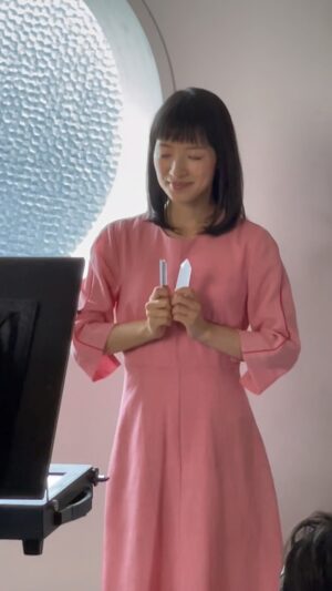 Marie Kondo Instagram - Here is a behind the scenes look at me using a tuning fork and crystal on the set of my latest photo shoot. The sonic vibrations have a subtle healing power that help me to reset and find balance. How do you reset and spark joy to start the week?